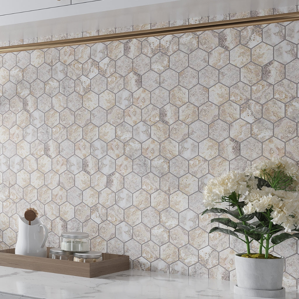 Light Taupe Beige 9x13 Polished Hexagon Porcelain Mosaic Tile (9 pack, 7.09 sq ft/case)