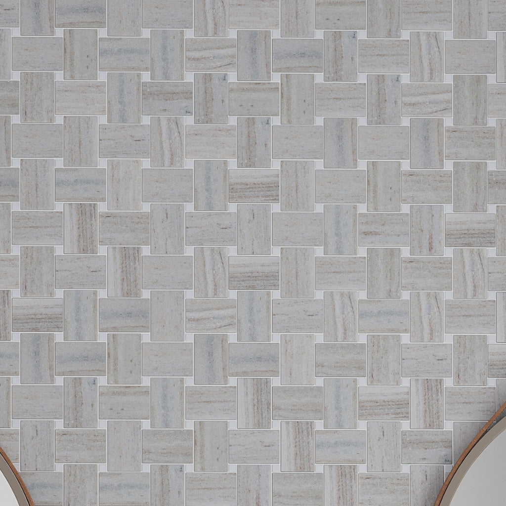 Light Beige with Soft Gray 11x11 Polished Basketweave Crystal Sand Thassoss Marble Mosaic Tile (5 pack, 4.13 sq ft/case)
