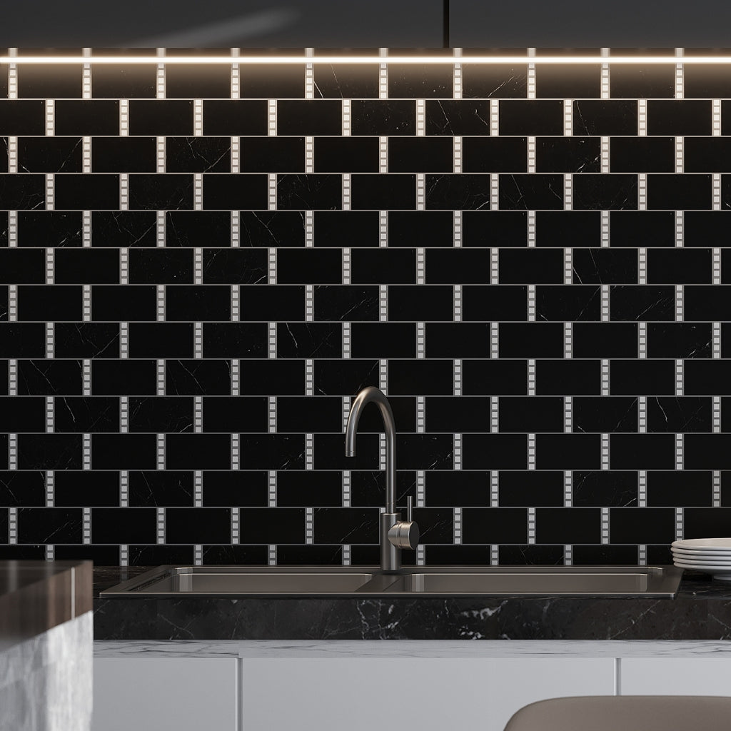 Eastern Black Thassos White 12x13 Polished Brick Marble Mosaic Tile (5 pack, 5.28 sq ft/case)