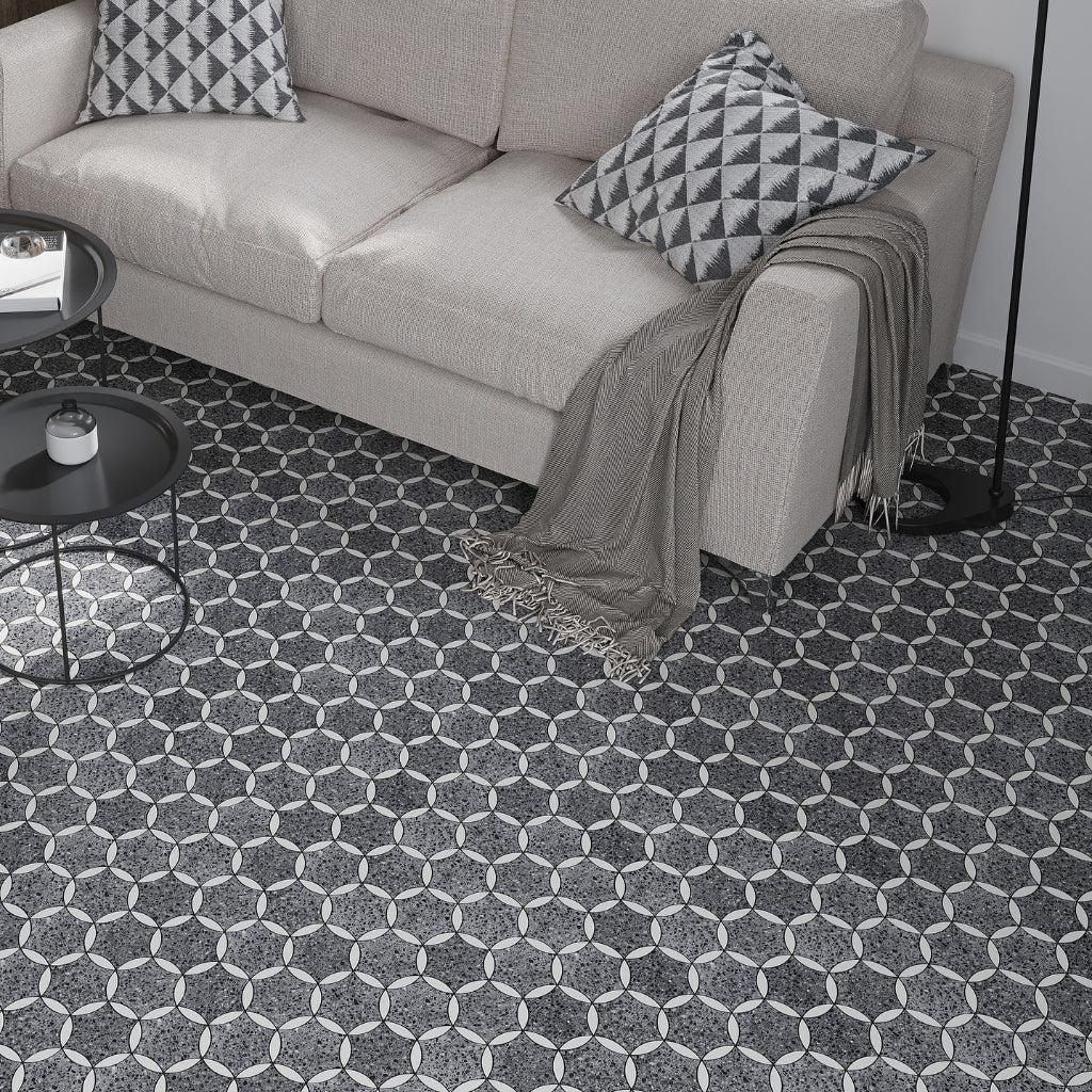 Charcoal Gray Black 12x13 Honed Star Round Terrazzo Dolomite Marble Mosaic Tile (5 pack, 5.46 sq ft/case)