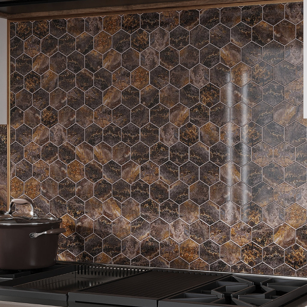 Brown 9x13 Polished Hexagon Porcelain Mosaic Tile (9 pack, 7.09 sq ft/case)