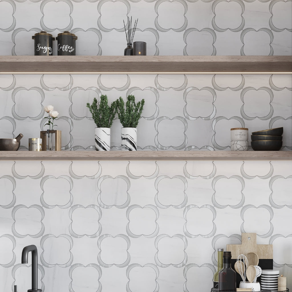 White Gray 11x11 Polished Floral Star Dolomite Glass Marble Mosaic Tile (5 pack, 4.28 sq ft/case)