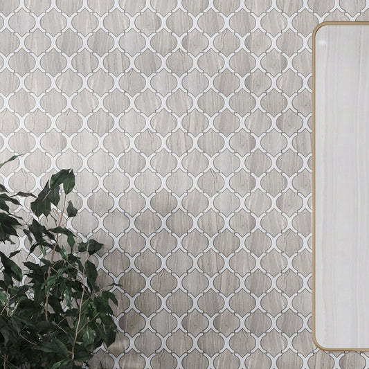 Thassos White, Wooden Grey 10x11 Polished Arabesque Marble Mosaic Tile (5 pack, 4 sq ft/case)