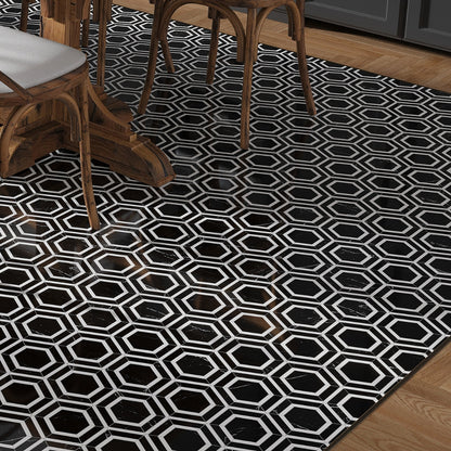 Raven Black 11x13 Polished Hexagon Nero Marquina Thassos Marble Mosaic Tile (5 pack, 5.21 sq ft/case)
