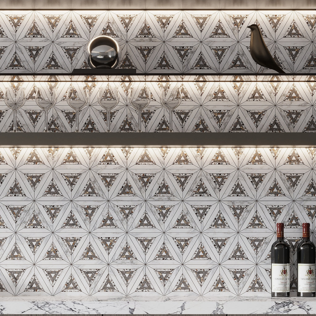 White Gray 9x10 Polished Honed Kaleidoscopic Calacatta Gold, Glacier Terrazzo Marble Mosaic Tile (5 pack, 3.14 sq ft/case)