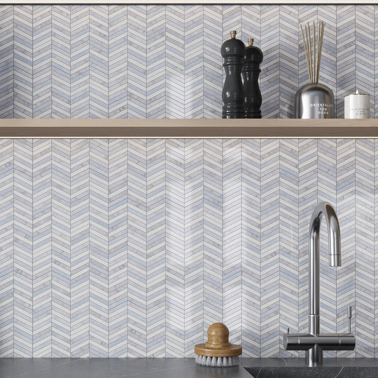 Thassos Bianco Carrara Blue Celeste 12x12 Polished Chevron Marble Mosaic Tile (5 pack, 5 sq ft/case)
