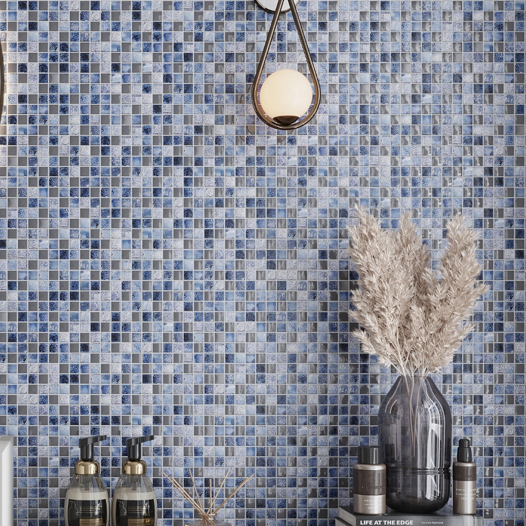 Gray Blue 12x12 Glossy Foiled Square Glass Resin Stone Mosaic Tile (5 pack, 4.75 sq ft/case)