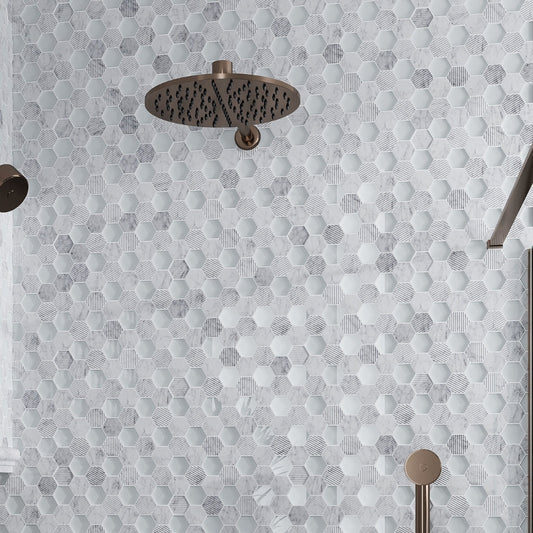 White 12x12 Polished Etched Hexagon Bianco Carrara Glass Marble Mosaic Tile (5 pack, 4.92 sq ft/case)