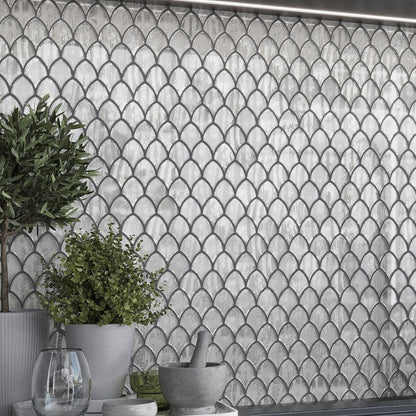 Silver 11x11 Glossy Fan Fish Scale Glass Mosaic Tile (10 pack, 8.48 sq ft/case)