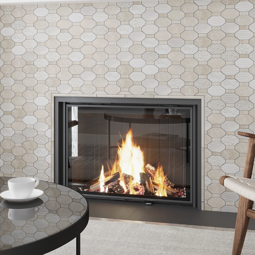 Beige 11x12 Polished Etched Hexagon Crema Marfil Marble Mosaic Tile (5 pack, 4.66 sq ft/case)