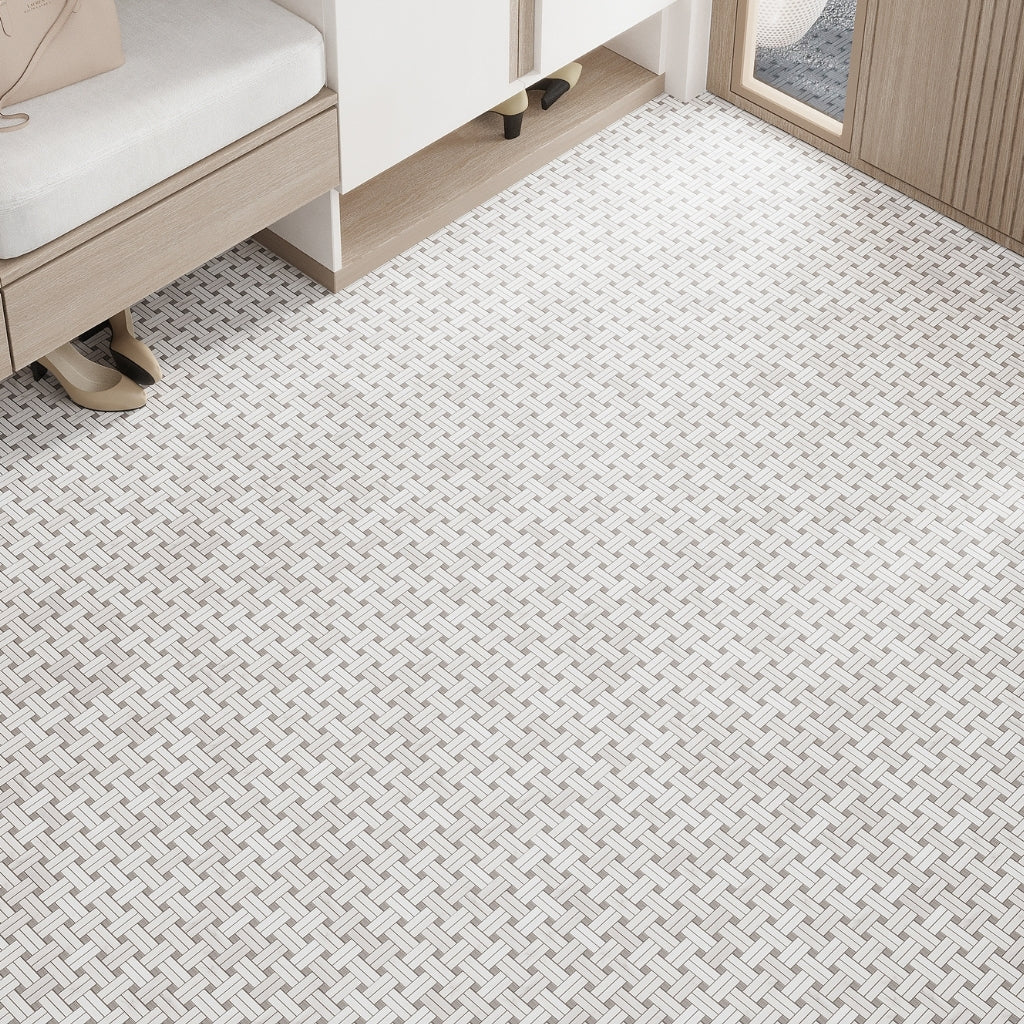Bianco Carrara, Eastern Beige 11x11 Polished Basketweave Marble Mosaic Tile (5 pack, 4.47 sq ft/case)