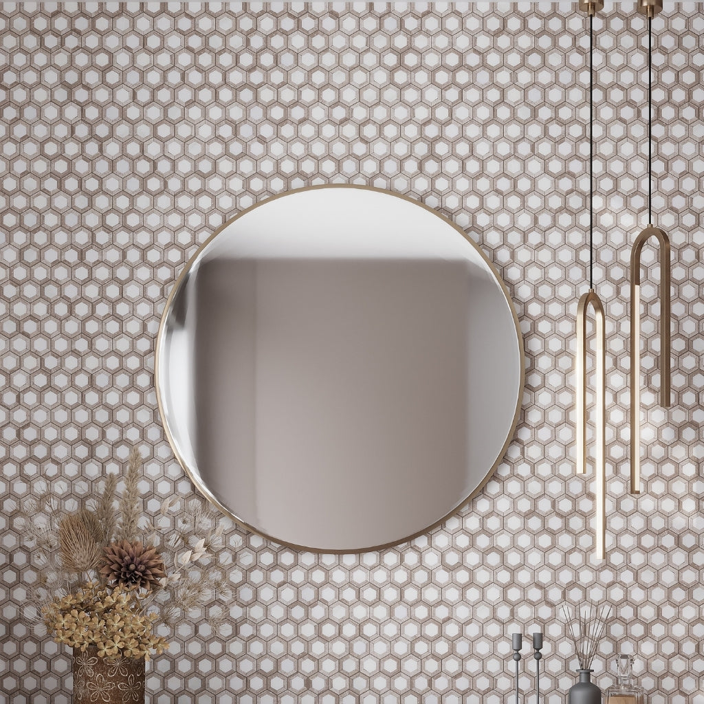 Wooden Beige Eastern White 10x11 Polished Hexagon Marble Mosaic Tile (5 pack, 4.19 sq ft/case)