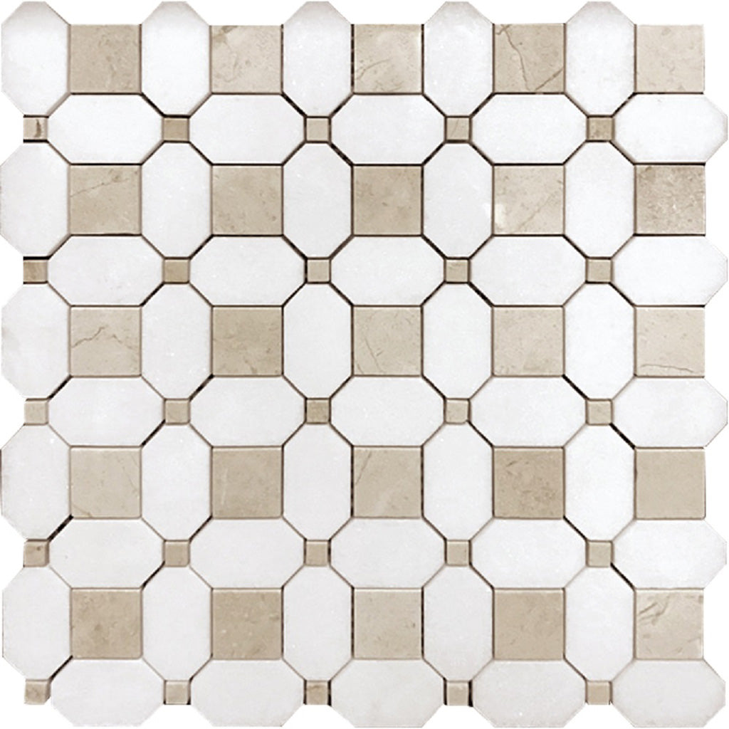 White Beige 12x12 Polished Multi-shaped Thassos Crema Marfil Marble Mosaic Tile (5 pack, 5.17 sq ft/case)