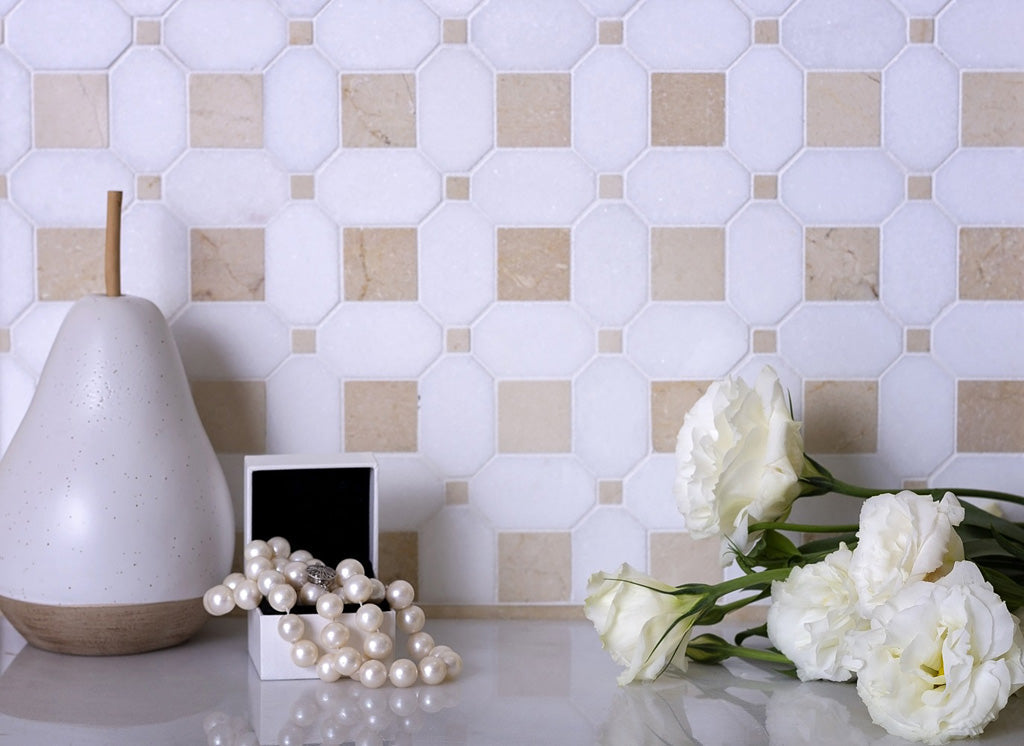 White Beige 12x12 Polished Multi-shaped Thassos Crema Marfil Marble Mosaic Tile (5 pack, 5.17 sq ft/case)