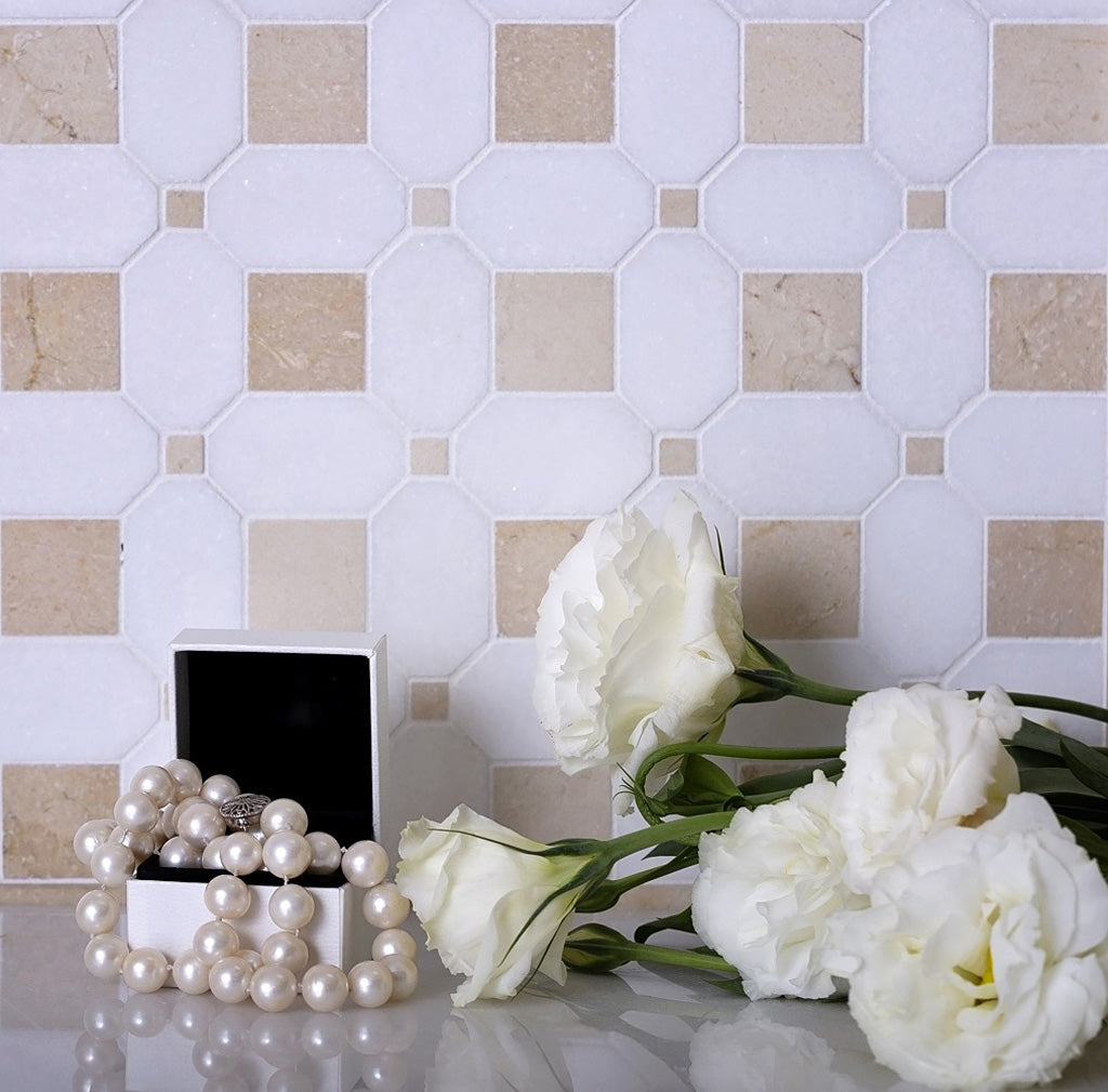 White Beige 12x12 Polished Multi-shaped Thassos Crema Marfil Marble Mosaic Tile (5 pack, 5.17 sq ft/case)