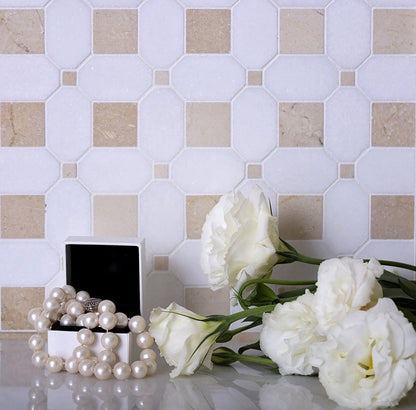 White Beige 12x12 Polished Multi-shaped Thassos Crema Marfil Mosaic Tile (5 pack, 5.17 sq ft/case) - Sample