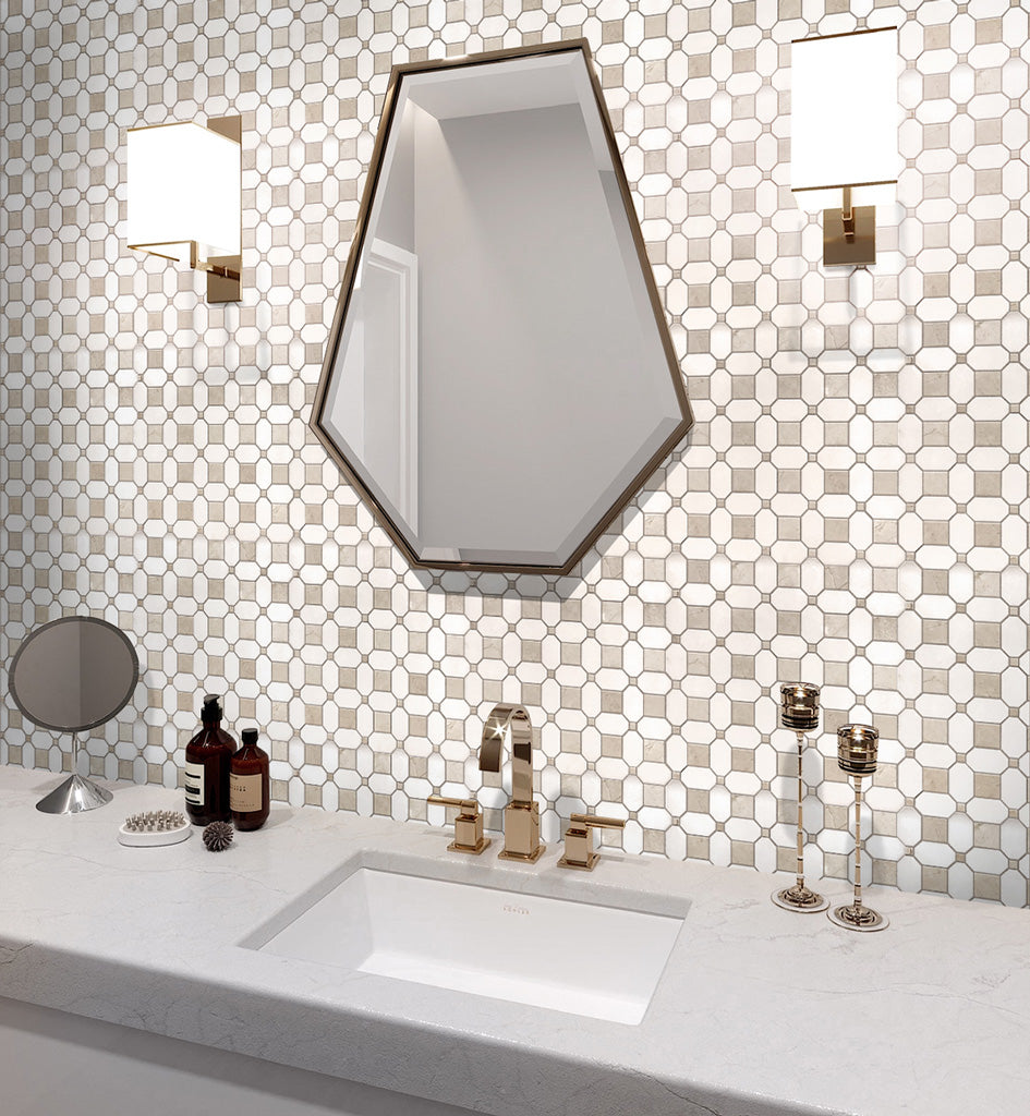White Beige 12x12 Polished Multi-shaped Thassos Crema Marfil Marble Mosaic Tile (5 pack, 5.17 sq ft/case)