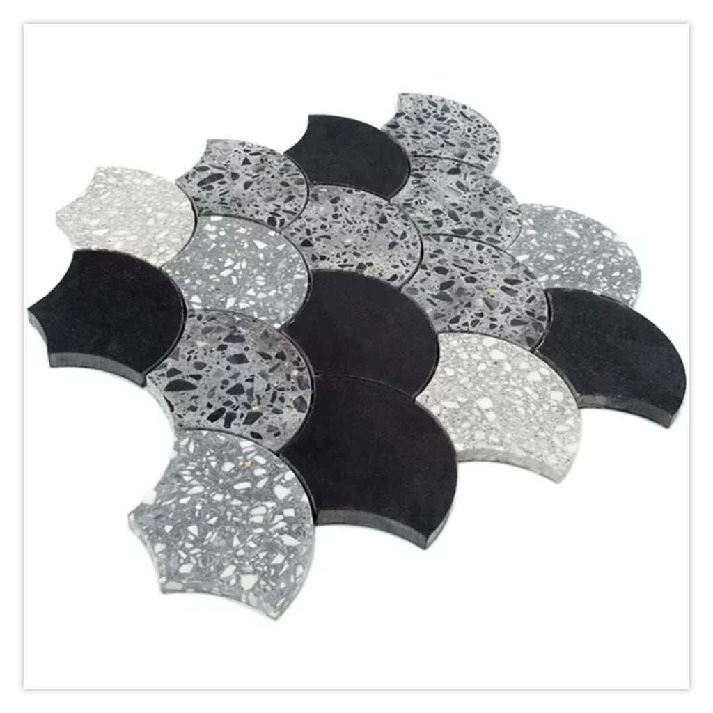 Black Gray 12x12 Honed Fan Fish Scale Terrazzo Marble Mosaic Tile (5 pack, 5 sq ft/case) - Sample
