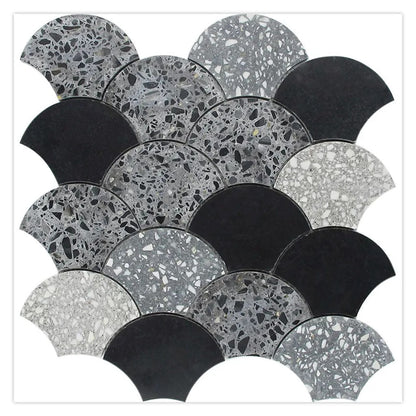 Black Gray 12x12 Honed Fan Fish Scale Terrazzo Limestone Marble Mosaic Tile (5 pack, 5 sq ft/case)