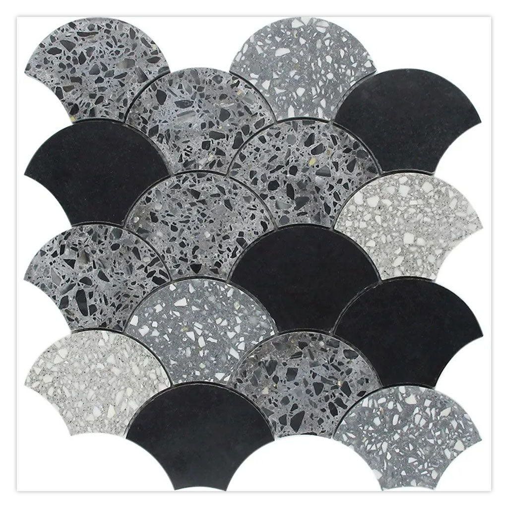 Black Gray 12x12 Honed Fan Fish Scale Terrazzo Marble Mosaic Tile (5 pack, 5 sq ft/case) - Sample