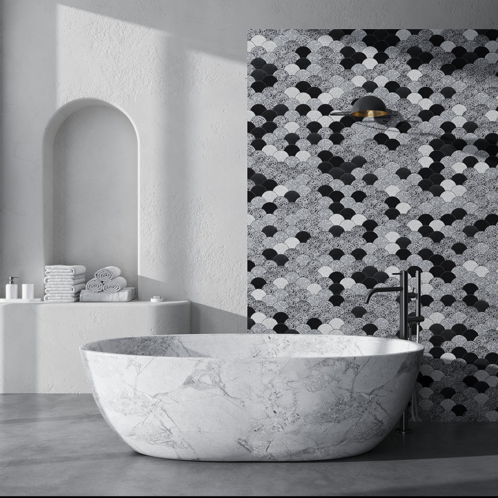 Black Gray 12x12 Honed Fan Fish Scale Terrazzo Limestone Marble Mosaic Tile (5 pack, 5 sq ft/case)