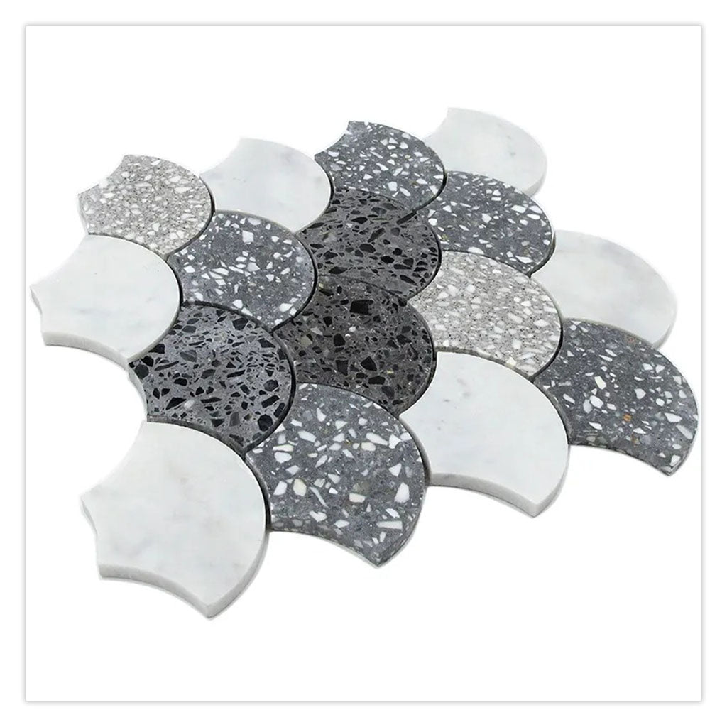 White Gray 12x12 Honed Fan Fish Scale Terrazzo Carrara Marble Mosaic Tile (5 pack, 5 sq ft/case)