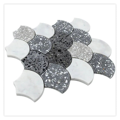White Gray 12x12 Honed Fan Fish Scale Terrazzo Carrara Marble Mosaic Tile (5 pack, 5 sq ft/case)