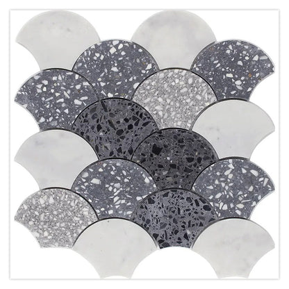White Gray 12x12 Honed Fan Fish Scale Terrazzo Carrara Marble Mosaic Tile (5 pack, 5 sq ft/case)