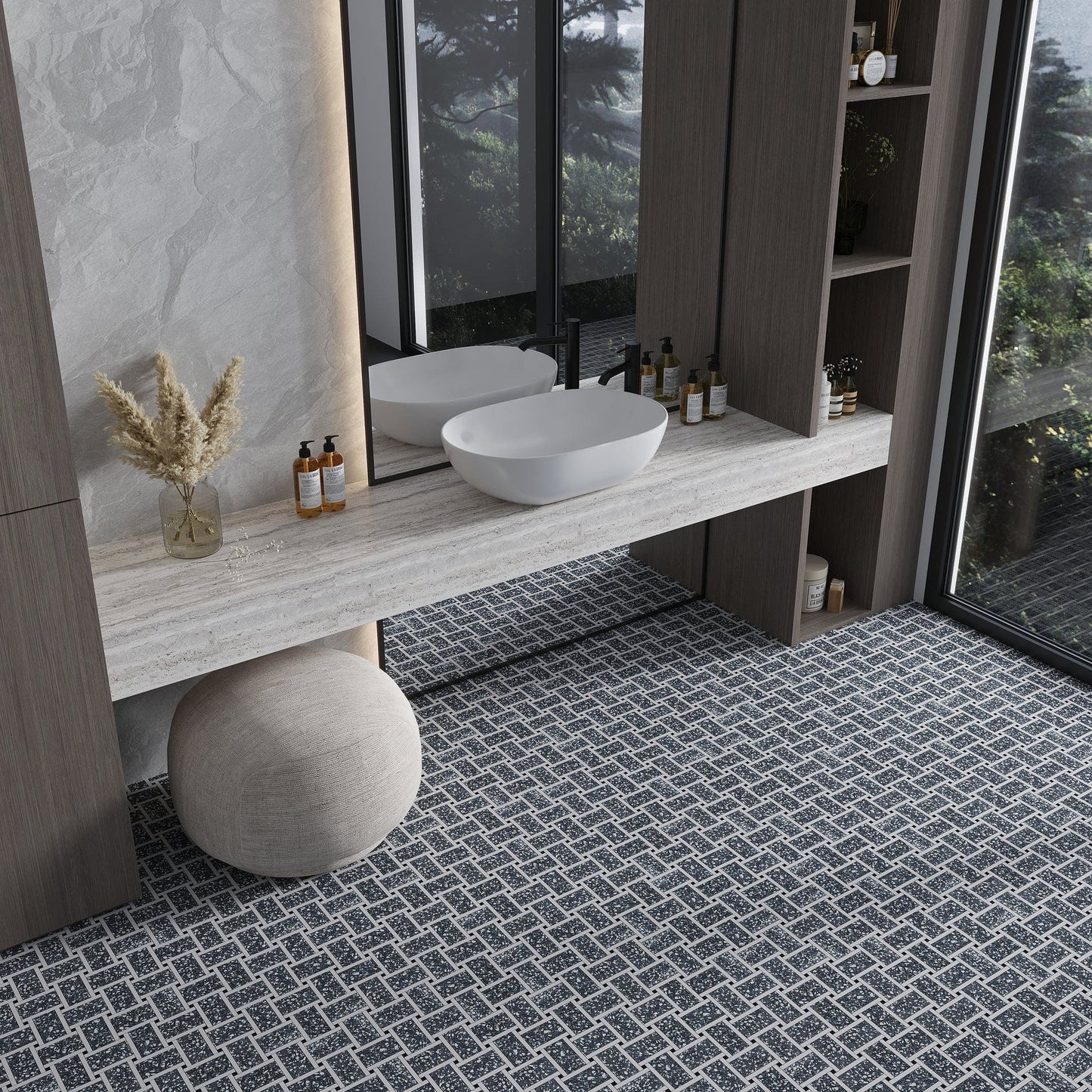 Charcoal Gray White 12x12 Honed Basketweave Terrazzo Dolomite Limestone Marble Mosaic Tile (5 pack, 5.08 sq ft/case)