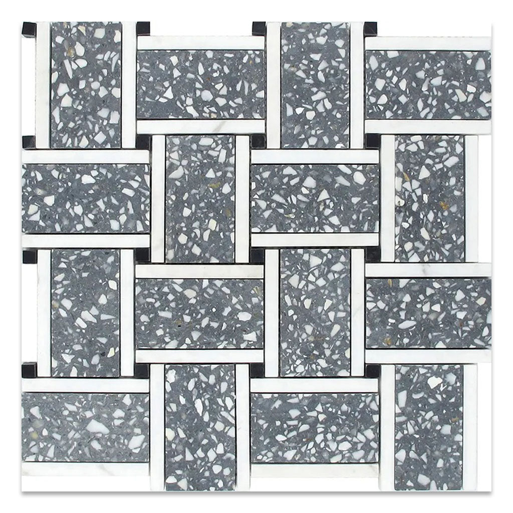 Charcoal Gray White 12x12 Honed Basketweave Terrazzo Marble Mosaic Tile (5 pack, 5.08 sq ft/case) - Sample