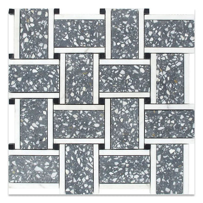 Charcoal Gray White 12x12 Honed Basketweave Terrazzo Marble Mosaic Tile (5 pack, 5.08 sq ft/case) - Sample