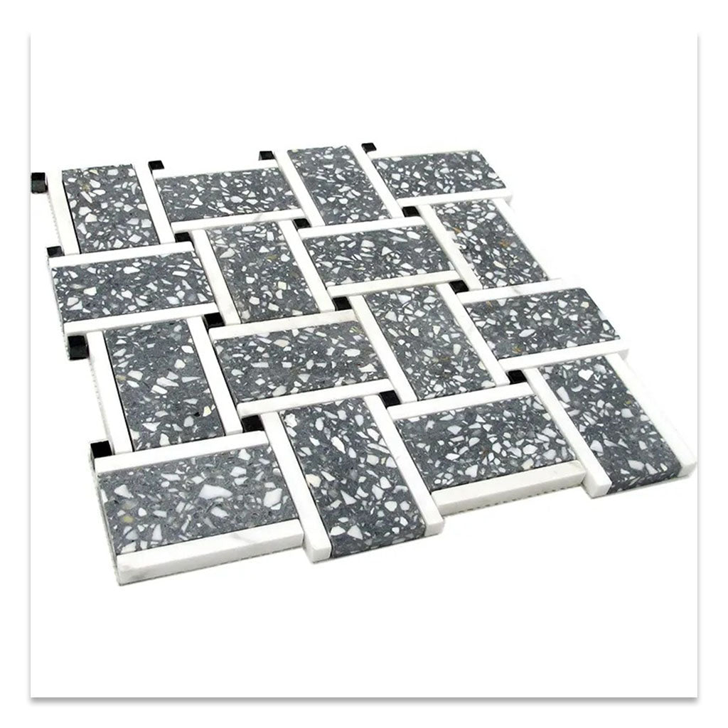 Charcoal Gray White 12x12 Honed Basketweave Terrazzo Marble Mosaic Tile (5 pack, 5.08 sq ft/case) - Sample
