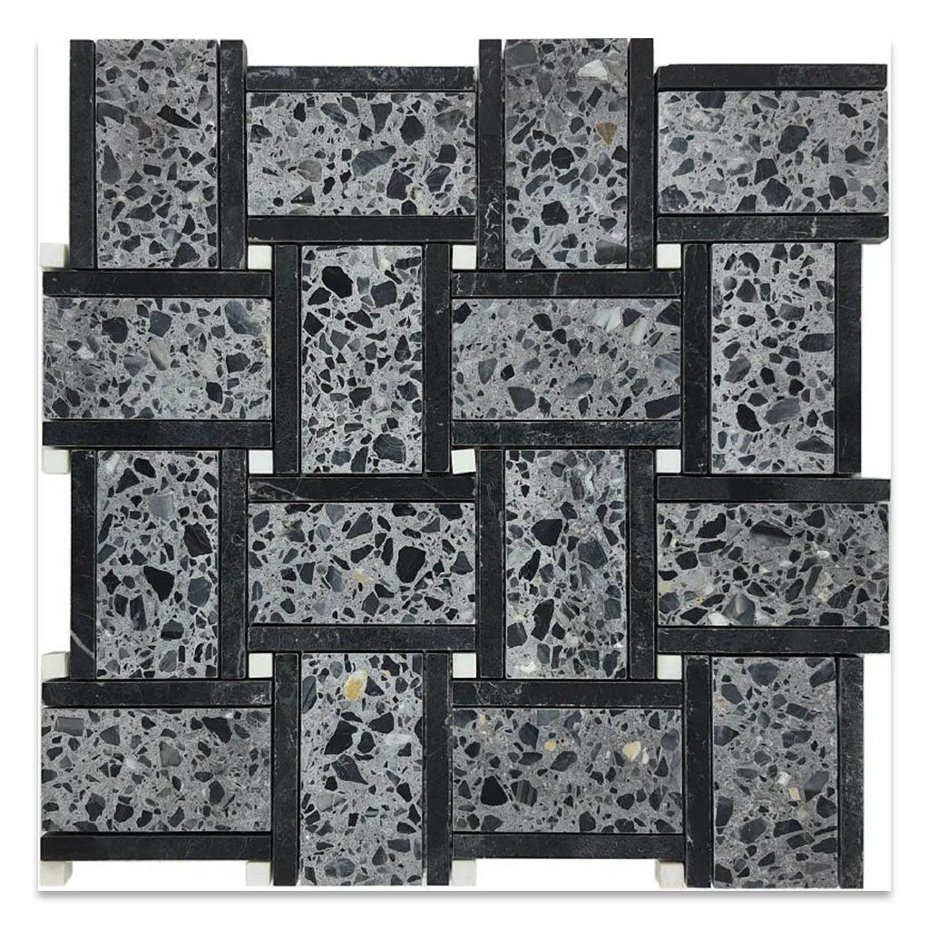 Charcoal Gray Black 12x12 Honed Basketweave Terrazzo Marble Mosaic Tile (5 pack, 5.08 sq ft/case) - Sample
