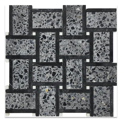 Charcoal Gray Black 12x12 Honed Basketweave Terrazzo Marble Mosaic Tile (5 pack, 5.08 sq ft/case) - Sample