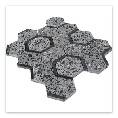 Charcoal Gray Black 11x12 Honed Hexagon Terrazzo Limestone Marble Mosaic Tile (5 pack, 4.38 sq ft/case)