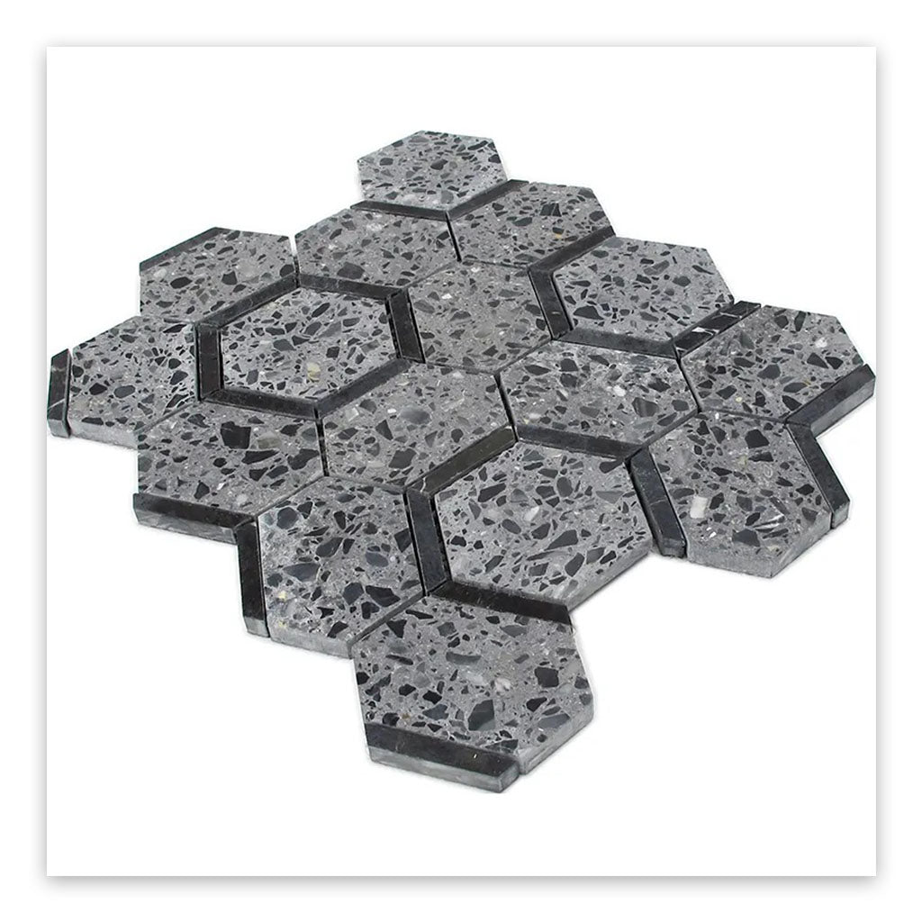 Charcoal Gray Black 11x12 Honed Hexagon Terrazzo Marble Mosaic Tile (5 pack, 4.38 sq ft/case) - Sample