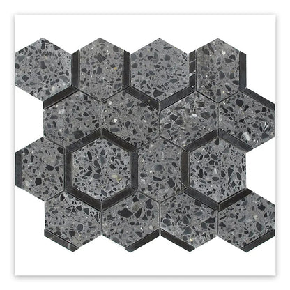 Charcoal Gray Black 11x12 Honed Hexagon Terrazzo Limestone Marble Mosaic Tile (5 pack, 4.38 sq ft/case)