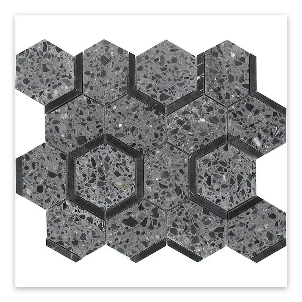 Charcoal Gray Black 11x12 Honed Hexagon Terrazzo Marble Mosaic Tile (5 pack, 4.38 sq ft/case) - Sample