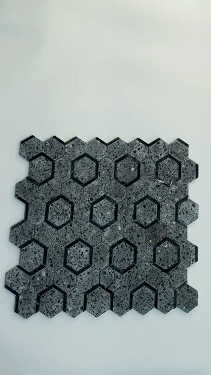 Charcoal Gray Black 11x12 Honed Hexagon Terrazzo Limestone Marble Mosaic Tile (5 pack, 4.38 sq ft/case)