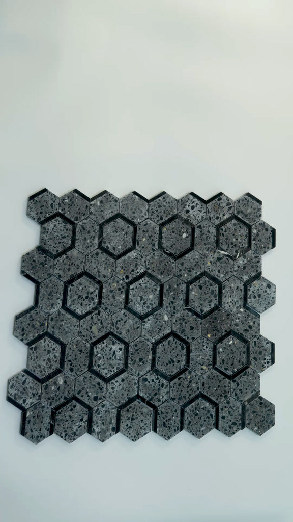 Charcoal Gray Black 11x12 Honed Hexagon Terrazzo Marble Mosaic Tile (5 pack, 4.38 sq ft/case) - Sample