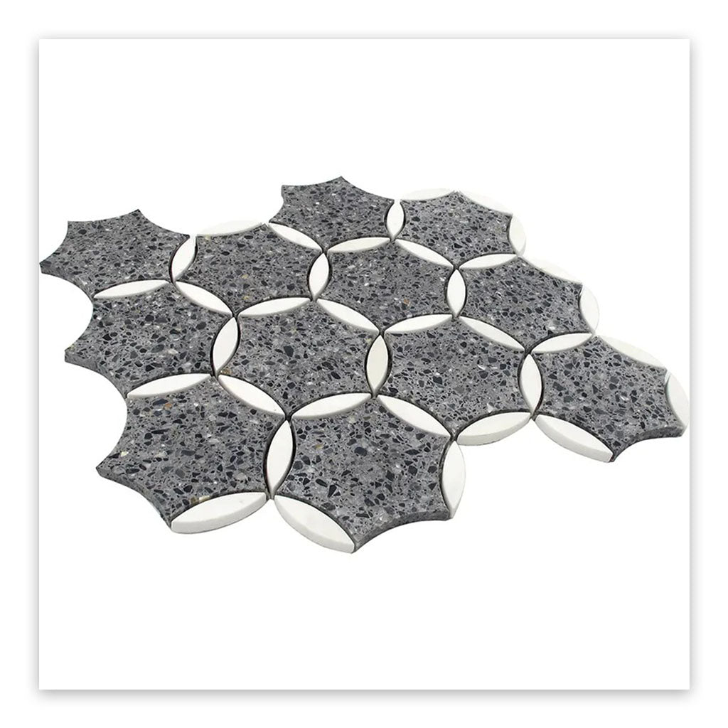 Charcoal Gray Black 12x13 Honed Star Round Terrazzo Marble Mosaic Tile (5 pack, 5.46 sq ft/case) - Sample