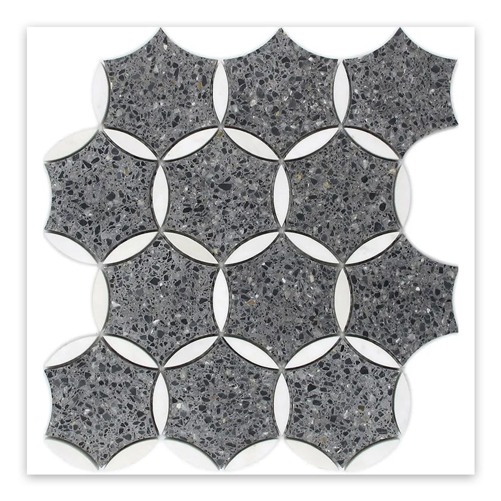 Charcoal Gray Black 12x13 Honed Star Round Terrazzo Marble Mosaic Tile (5 pack, 5.46 sq ft/case) - Sample