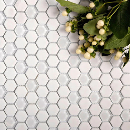Cotton White 12x12 Matte Glossy Hexagon Recycled Glass Mosaic Tile (5 pack, 4.92 sq ft/case) - Sample