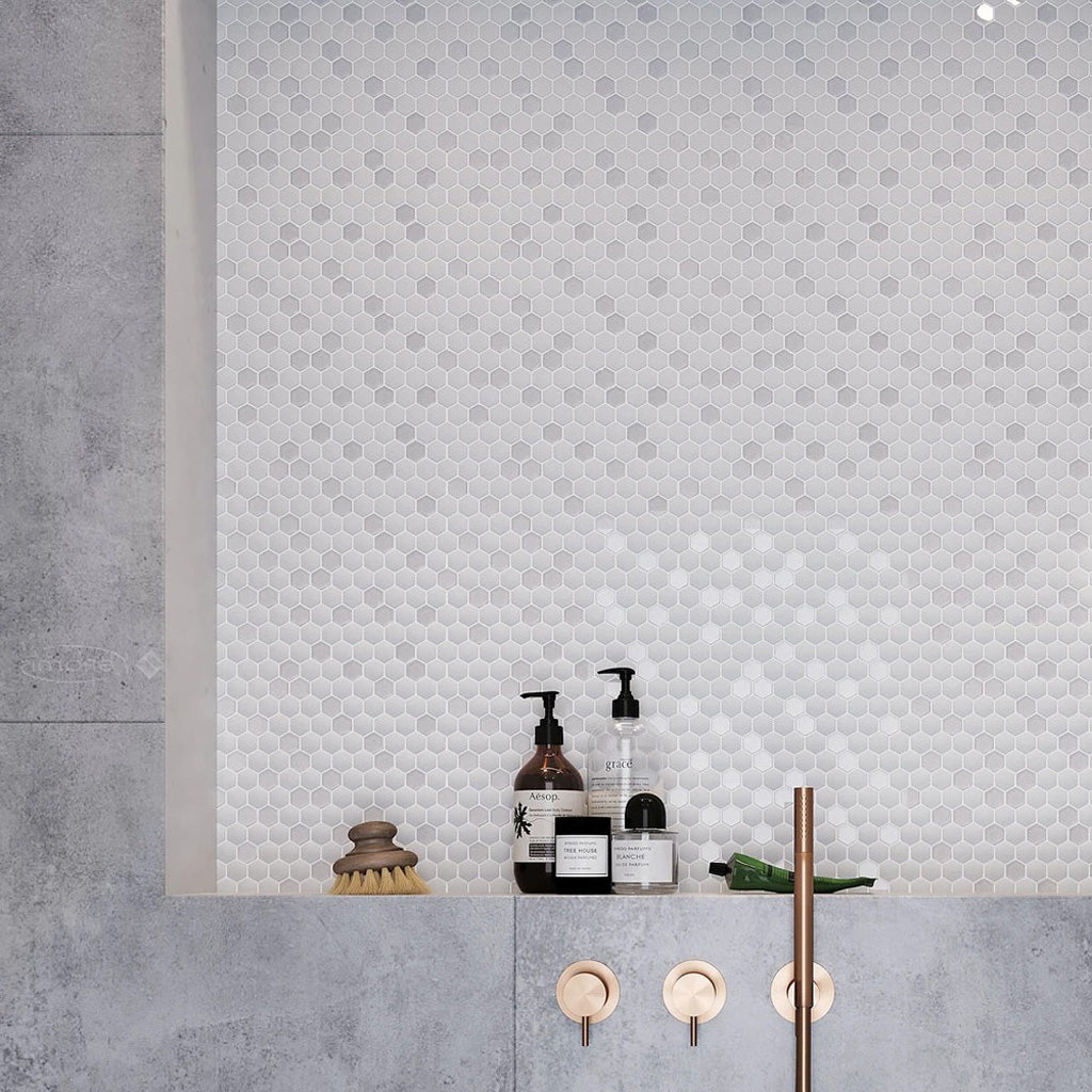 Cotton White 12x12 Matte Glossy Hexagon Recycled Glass Mosaic Tile (5 pack, 4.92 sq ft/case)