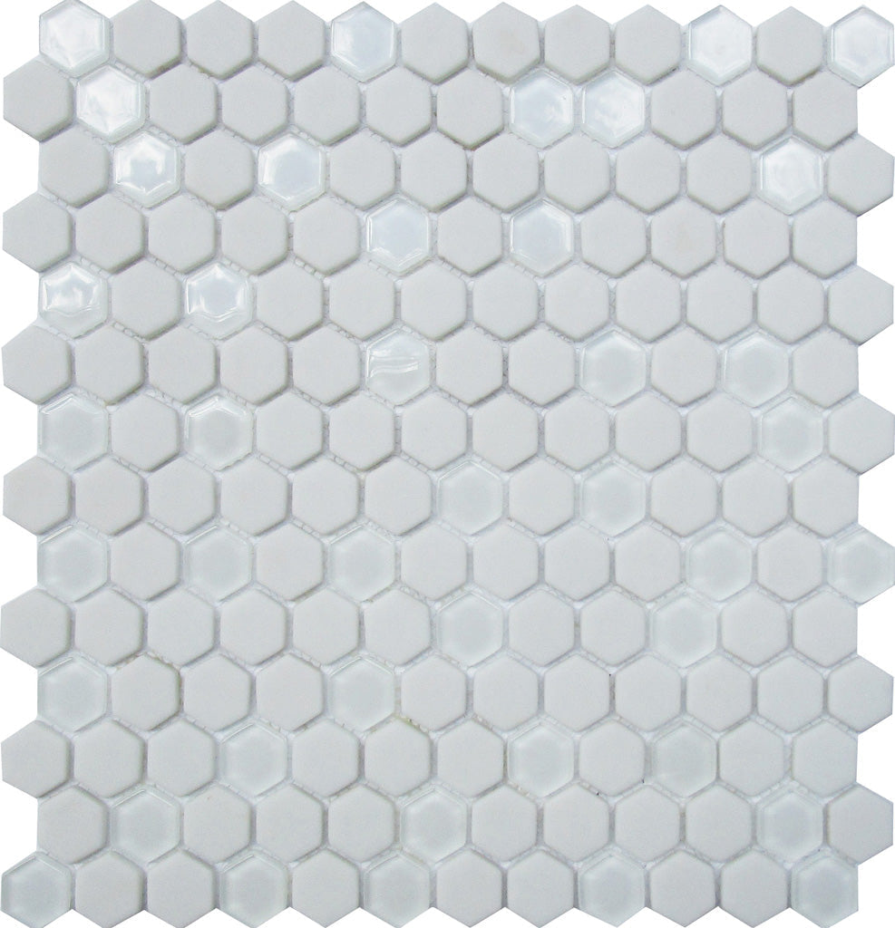 Cotton White 12x12 Matte Glossy Hexagon Recycled Glass Mosaic Tile (5 pack, 4.92 sq ft/case) - Sample
