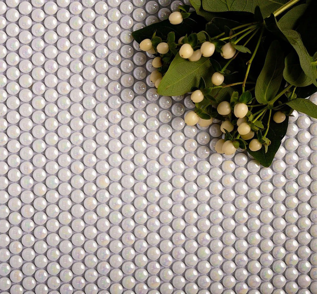 Parchment White 12x12 Glossy Iridescent Penny Round Recycled Glass Mosaic Tile (10 pack, 11.11 sq ft/case)