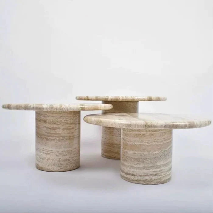 Valencia Travertine Coffee Table Vein-cut Round Set of 3 Polished