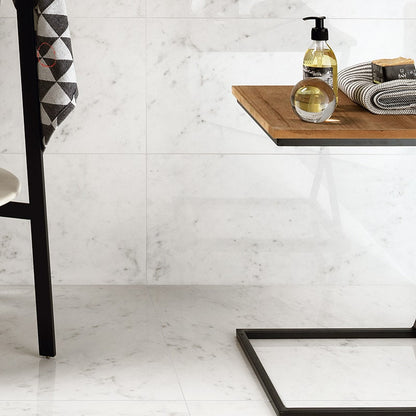 Carrara Blanco Polished Marble Look Porcelain Tile