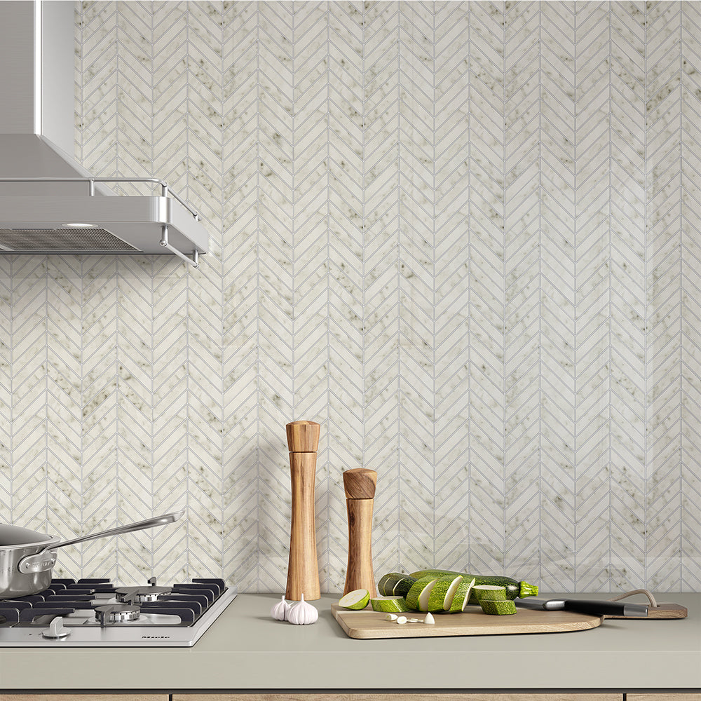 Carrara Blanco Polished Chevron Marble Look Porcelain Mosaic
