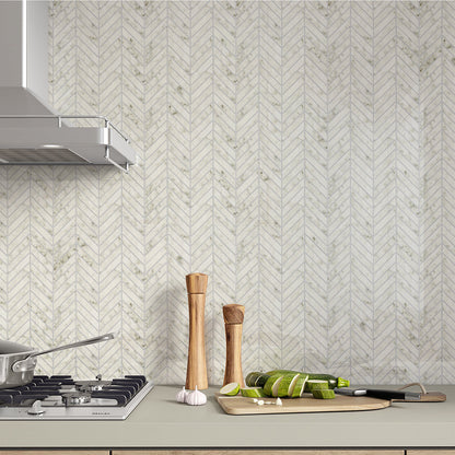 Carrara Blanco Polished Chevron Marble Look Porcelain Mosaic